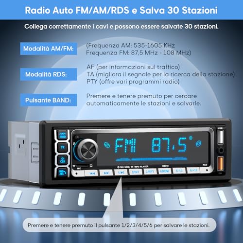 RDS Bluetooth 5.0 Handsfree Car Radio, Wistrue Car Stereo Bluetooth FM/AM Car Stereo 1 Din for Car, Support Handsfree 2USB/AUX/SD/TF/iOS Android