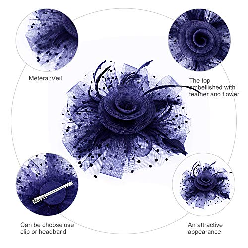 Jack & Rose Fascinator Hat Flower Feather Net Mesh Kentucky Derby Tea Party Headwear with Hair Clip and Hairband for Women or Girls Navy Blue