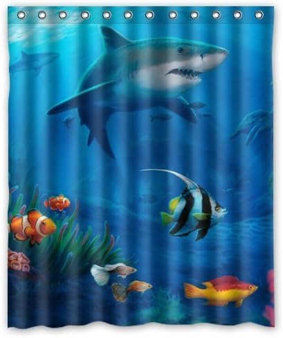 Underwater World Shark and Coral Fish Art Sea Ocean Animal Bathing Waterproof Bathroom Fabric Shower Curtain 60" x 72"