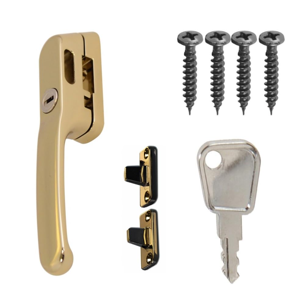 FixRello Fastener Casement Window Handle for Timber Surfaces | with Key, Mount/Wedge and Screws for Easily Installation and Security (1, Gold)