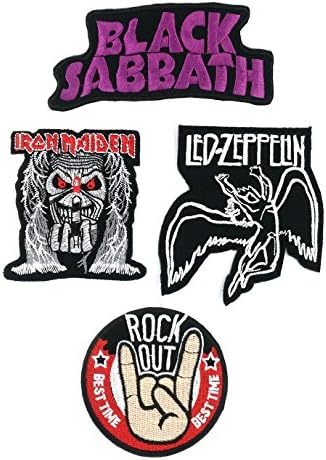 Set_ROCK019 - Iron Maiden, Black Sabbath, Led Zeppelin and Rock Out Patch (4 Pcs Heavy Metal Applique Embroidered Patches - Rock Band Iron on Patches)