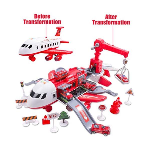 Hiveseen-Transport-Plane-Carrier-Truck-Car-Toy-Set-with-Play-Mat-6-Mini-Alloy-Diecast-Fire-Fighting-Trucks-11-Road-Signs-Music-and-Light-Transport-Cargo-Airplane-for-Kids-3-12-Years-Old Hiveseen Transport Plane, Carrier Truck Car Toy Set with Play Mat, 6 Mini Alloy Diecast Fire Fighting Trucks, 11 Road Signs, Music and Light, Transport Cargo Airplane for Kids 3-12 Years Old