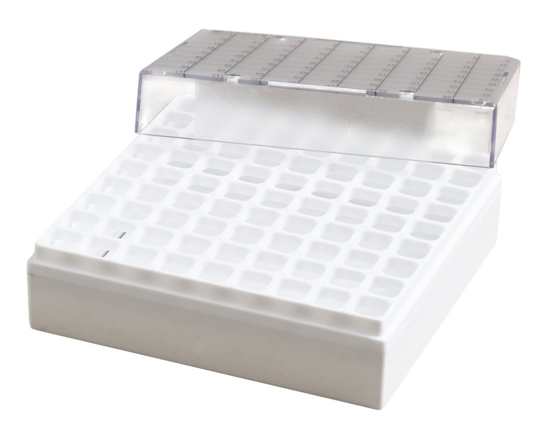 Camlab Plastics RTP/73300-W Storage Box with fixed rack, 81 Place, Polycarbonate, White (Pack of 5)