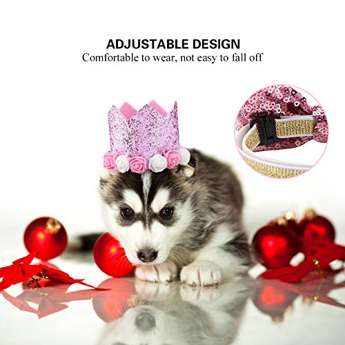 Dogs Hat, Fashionable Christmas Birthday Party Pet Dogs Cats Shiny Flower Crown Hat Bow Tie Set(Pink)