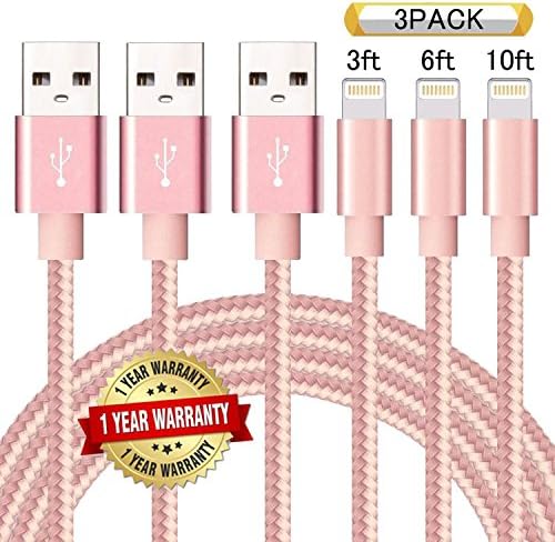 Ulimag Lightning Cable 3Pack 3FT 6FT 10FT Nylon Braided Certified iPhone Cable USB Cord Charging Charger for iPhone X, 8, 8 Plus, 7, 7 Plus, 6s, 6s Plus, 6, 6 Plus, SE, iPad (Pink)