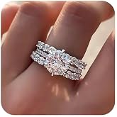 HUUGVBCO 925 Sterling Silver Shiny Full Diamond Zircon Rings 3PCS Sets of Rings Cushion Cut Zircon Diamonds Stone Engagement Wedding Band Ring 6#
