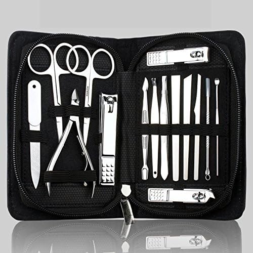 Romonacr Stainless Steel Manicure &amp; Pedicure Set Nail Clipper &amp; Nipper Toenail Tools Travel &amp; Grooming Kit PU Leather Case for 15 Pcs Black