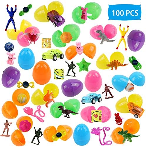 100 Pcs Toy Filled Easter Eggs, 2.3" Assorted Colorful Prefilled Plastic Surprise Eggs with Novelty Toys for Easter Theme Party Favor, Easter Eggs Hunt Fillers, Easter Basket Stuffers, Classroom Prize Supplies