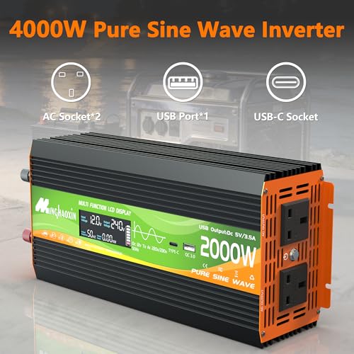 2000W Pure Sine Wave Inverter 12v To 240v Car Inverter 4000W Peak With 2 Uk Sockets, 30W USB-C, 5V 3.1A USB, LCD Display And Remote Controller For Motorhomes,Camping, Household Use And Vans