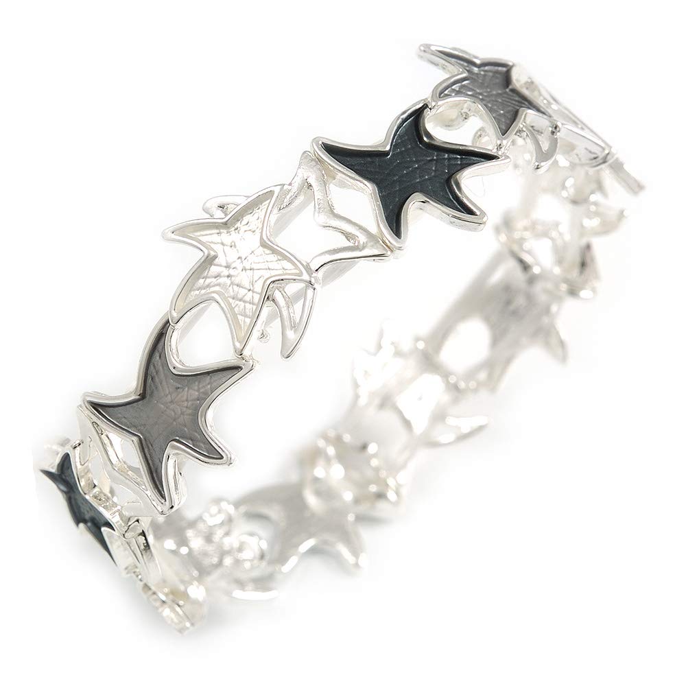 Avalaya Grey/White Enamel Starfish Flex Bracelet in Silver Tone - 20cm Long