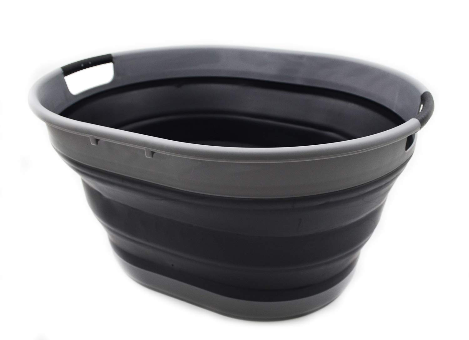 SAMMART 25L Collapsible Oval Laundry Basket/Tub - Foldable Storage Container - Portable Washing Bin - Space Saving Hamper (Grey/Black)