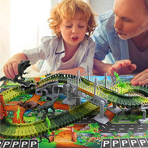 Dinosaur Toys Race Track with Dinosaur Play mat - 142 Pcs Race Car Track Sets Jurassic World Flexible Tracks Playset,2 Dinosaurs and Multiple Elements