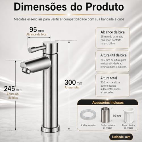 Torneira de Banheiro Luxo, Aço Inox Cromado, Quadrada 1/4 Volta, Bancada Alta, 305mm Altura