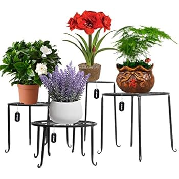 AISHN Metal Plant Stand 4 in 1 Potted Irons Planter Supports Floor Flower Pot Round Rack Display with Scroll Pattern Perfect for Home, Garden, Patio