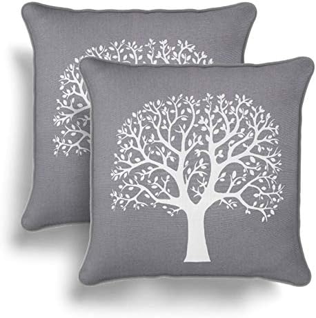 Aubina Set of 2 Grey Glenmore Cushion Covers, Pair of Charcoal Modern Tree Print Design Cushion Covers, 100% Cotton Piped Trim Cushion Cases, Sofa Chair Throw Pillow Cases, 18" x 18", 45cm x 45cm