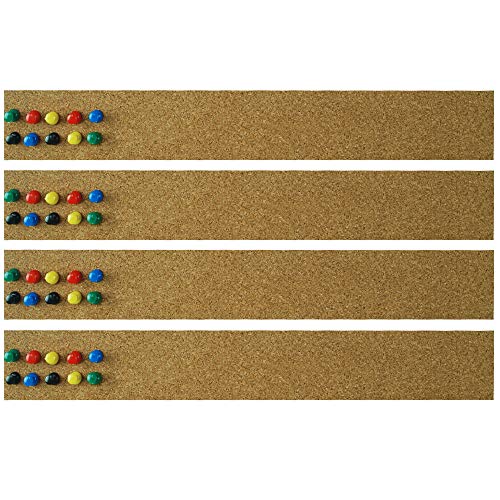 Lockways Cork Bulletin Bar Strip Set 4 Pieces, 2 x 15 Inch, Frameless Cork Board Memo Strip for