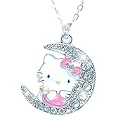 LINOXE White Gold Plated Bow Tie Cat Pendant with Multi-Color Cubic Zirconia Necklace Lovely Cute Cat On the Moon Pendant Necklace