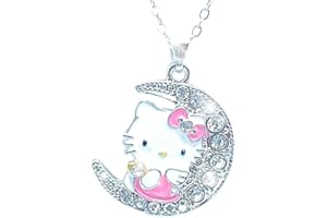 LINOXE White Gold Plated Bow Tie Cat Pendant with Multi-Color Cubic Zirconia Necklace Lovely Cute Cat On the Moon Pendant Necklace Little Girl's