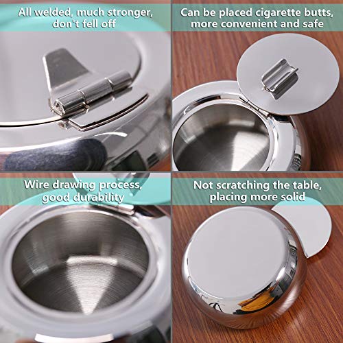 Ashtray, Newness Stainless Steel Modern Tabletop Ashtray with Lid, Cigarette Ashtray for Indoor or Outdoor Use, Ash Holder for Smokers, Desktop Smoking Ash Tray for Home Office Decoration, Silver - Thumbnail 6