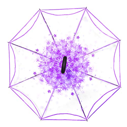 WASING Double Layer Inverted Umbrella Cars Reverse Umbrella, Windproof UV Protection Big Straight Umbrella for Car Rain Outdoor with C-Shaped Handle (Transparent Purple)