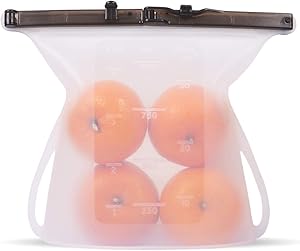 Reusable Silicone Food Storage Bags, Leakproof Sealing Double Clip Airtight Food Preservation Containers for Sous Vide, Liquid, Snack, Lunch, Fruit, Dishwasher Safe (White)