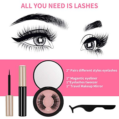 Magnetic Eyeliner and Lashes Kit,5 Magnets Reusable False Eyelashes Set,Dramatic Look Fluffy False Lashes Kit for Eyelashes Extensions,2 Pairs of 2 Different Styles Fake Eyelashes
