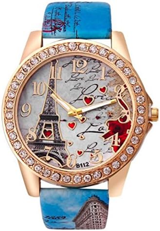 Hotsale! Wensltd Classy Tower Pattern Leather Band Analog Quartz Vogue Wrist Watch (Blue)