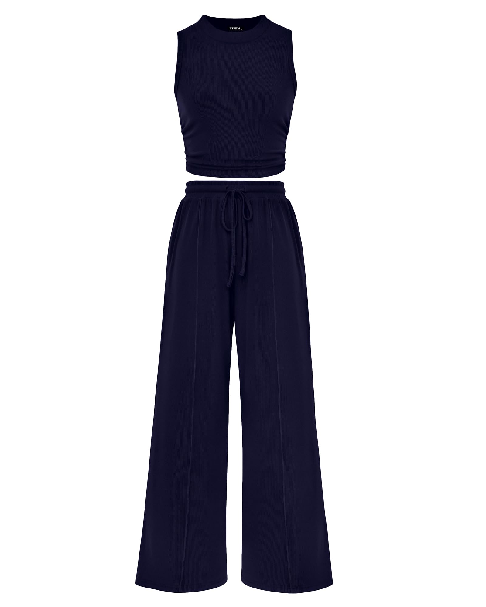 Photo 1 of BTFBM Women Summer 2 Piece Outfits 2025 Beach Crew Neck Sleeveless Cropped Top Elastic Waist Wide Leg Pants Lounge Set(Navy, Small)