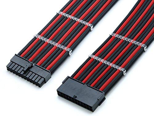Shakmods 24 Pin ATX Motherboard Sleeved Extension Cable 30cm + 2 Cable Combs (Black & Red)