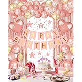 Rose Gold Happy Birthday Party Decorations, Happy Birthday Banner, Rose Gold Foil Heart Star Confetti Balloons Curtain Backdrop Hanging Swirls Party Decor for Girls Women Princess