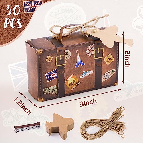 JOHOUSE Mini Suitcase Favor Box, 50PCS Travel Party Favors Vintage Kraft Cardboard with Tags and Burlap Twine for Wedding Party Bridal Shower Travel Party Decorations