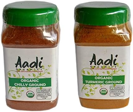 Aadi Organics USDA Certified Organic Bundle: Indian Turmeric and Chili Powder - 6oz / 170g Each - Cooking Spices - Non-GMO, No MSG or Salt