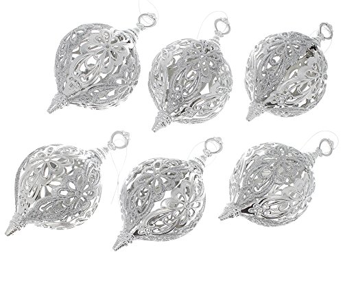 Elegant Christmas Holiday Glitter Intricate Floral Flower Designed Round Ornaments, Silver, Medium, Pack of 6, 8 x 4