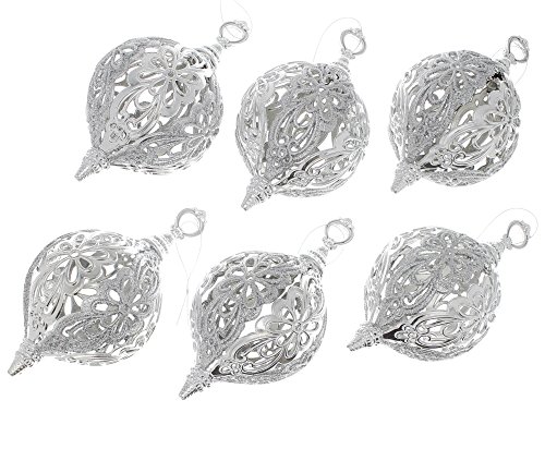 Elegant Christmas Holiday Glitter Intricate Floral Flower Designed Round Ornaments, Silver, Medium, Pack of 6, 8