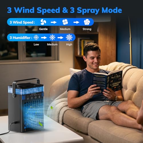 Portable Air Conditioner, Mini Air Conditioner Portable Cooling Fan with Remote Control, 3 Wind Speed & 3 Mist Level & 2-8H Timer Evaporative Air Cooler for Home Office Room, Black