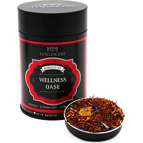Hallingers Wellness Oase - Loser Roibusch-Tee/Rooibos mit Ananas, Kornblume & Sonnenblume (Dose) - Geschenkideen Weihnachten & Geschenke Adventskalender | Geburtstag Glückwunsch Genesung Danke Glückwü