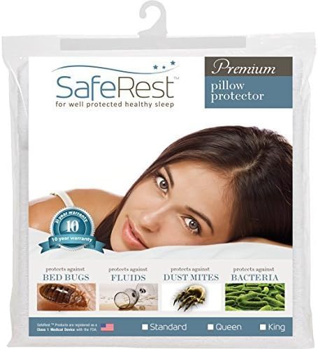 SafeRest Premium Hypoallergenic Bed Bug Proof Zippered Waterproof Pillow Protector (1) King Size by SafeRest