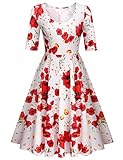 Meaneor Women's Half Sleeve Swing Dress Floral Print Knee Long A Line Tea Dress