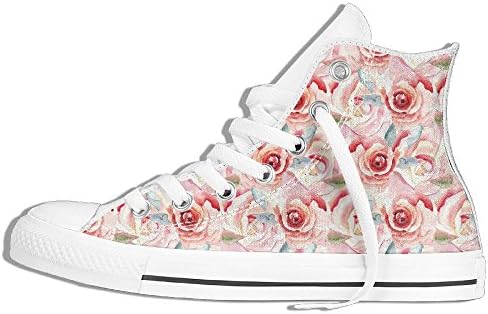 Mkajkkok Artistic Rose Flowers In Watercolor Painting Style Retro Revival Garden Meadow Pattern Decorative Ladies Men's Fashionable High-heeled Lace Canvas Shoes.