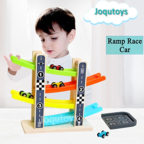 Joqutoys Wooden Ramp Race Car Track Parking Garage Set Kids Game Racing Kit Toys for Toddler with 4 Mini Racers