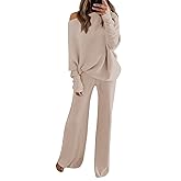 Fixmatti Womens Knitted Outfits 2 Pieces Sweatsuit Off the Shoulder Sweater Wide Leg Pant Set