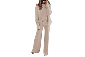 Fixmatti Womens Knitted Outfits 2 Pieces Sweatsuit Off the Shoulder Sweater Wide Leg Pant Set