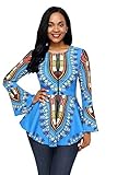 HOTAPEI Women African Printed Slim Fit Long Sleeve Clubwear Party Tee Shirts Blouse Top Light Blue Large