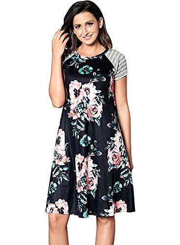 Poptem Womens Midi T-Shirt Dresses Short Sleeve A-Line Ruffles Floral Print Casual Summer Beach Loose Sundresses