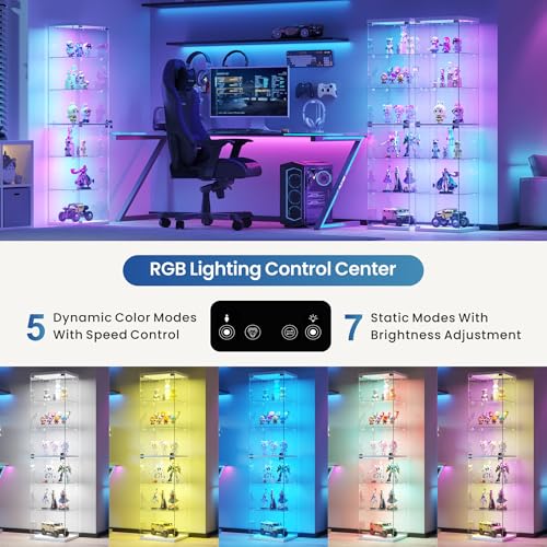 Dystler Glass Display Case RGB Lights 6-Tier Curio Cabinet for Collectibles | Press-open 360° Tempered Glass Doors, 12 RGB Modes & Motion Sensor Auto-Light, Key Lock — Smart Figures Corner Display Case