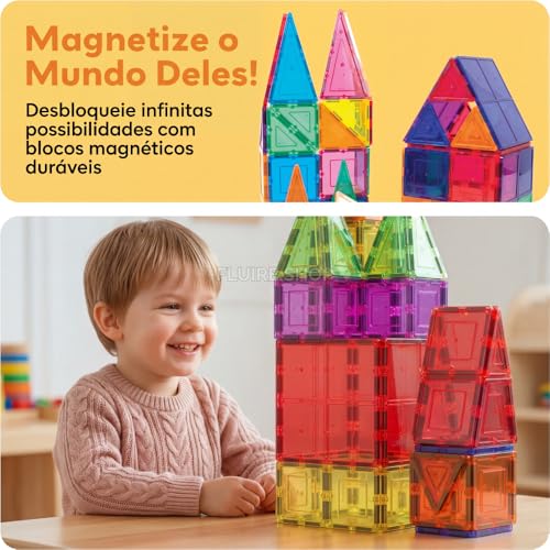 Blocos Magneticos Infantil de Montar 76 Peças, Brinquedo Educativo Construção Infantil 2D, 3D, Jogo Pedagógico para Coordenação Motora, Raciocínio Lógico, Criatividade e Aprendizado STEM