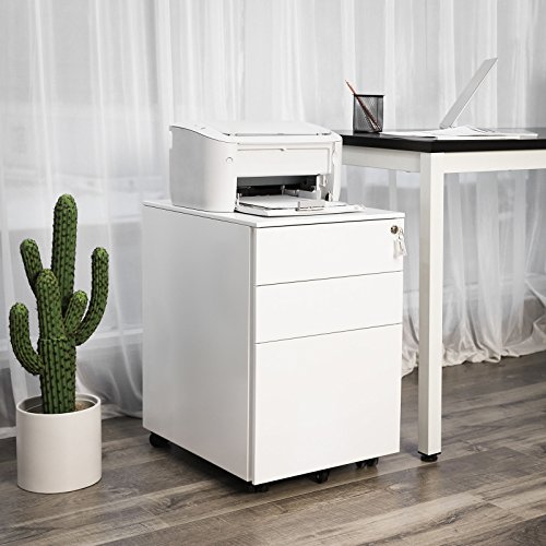 SONGMICS OFC60WT Office Cabinet Metal Mobile Storage Box with Wheels and Lock for Documents and Hanging File with 3 Drawers 39 x 52 x 60 cm White