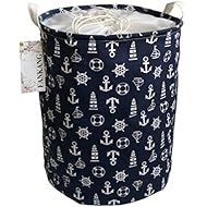 FANKANG Laundry Basket Drawstring Waterproof Round Cotton Linen Collapsible Storage Basket(Navy Anchor)