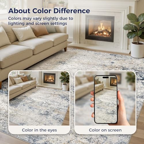 DMOYEST Washable Rugs Living Room 200x300cm - Large Abstract Neutral Modern Soft Non Slip Low Pile Kid Pet Friendly Carpet for Bedroom Dining Home Office - Beige/Blue