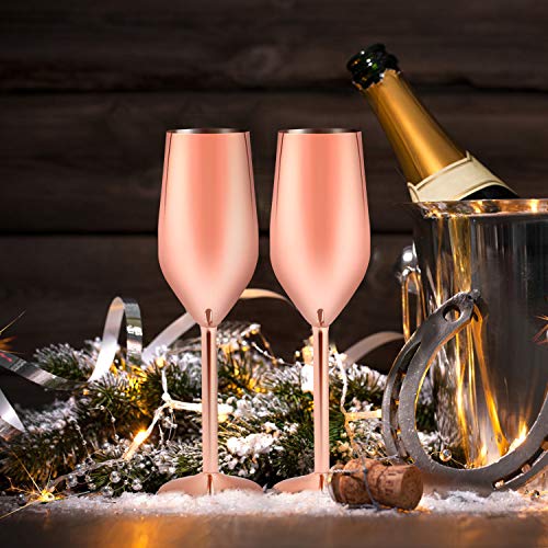 Stainless Steel Copper Champagne Flutes Glass Set of 2, 200ML Unbreakable BPA Free Champagne Wine Glasses for Wedding, Parties and Anniversary (rose gold)